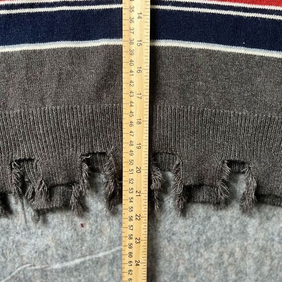 POL Distressed Dropped Shoulder V-Neck Striped Sweater  Grey Red Blue S #123 - Picture 5 of 7